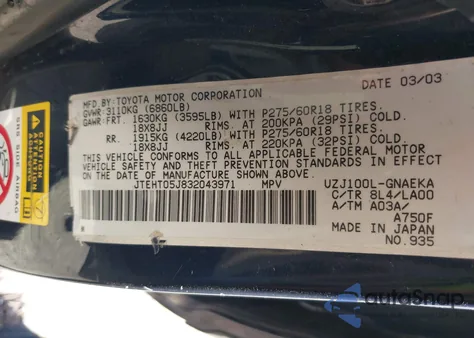 2003 Toyota Land Cruiser из США, поврежденный, VIN JTEHT05J832043971